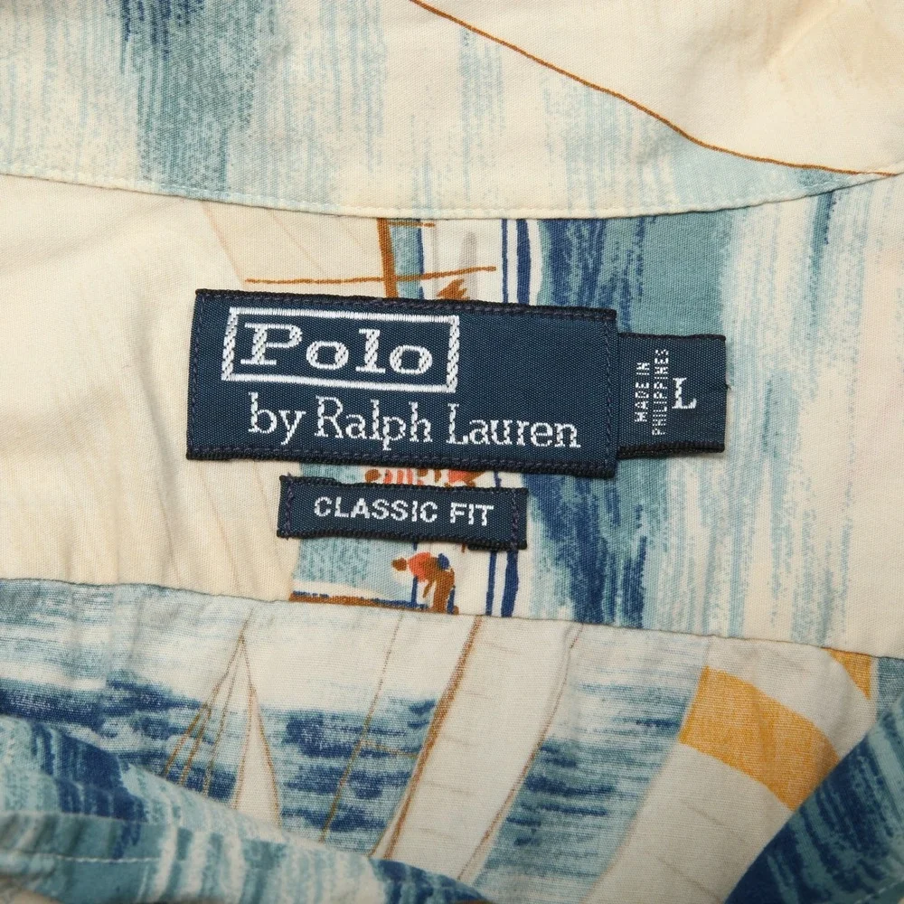 Polo Ralph Lauren Sailboat Shirt Men Large Blue Nautical Print Loop Collar